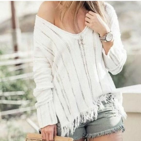 Free People Sweaters - NWT Free People Ocean Drive Fringe V Neck Sweater Ivory Medium